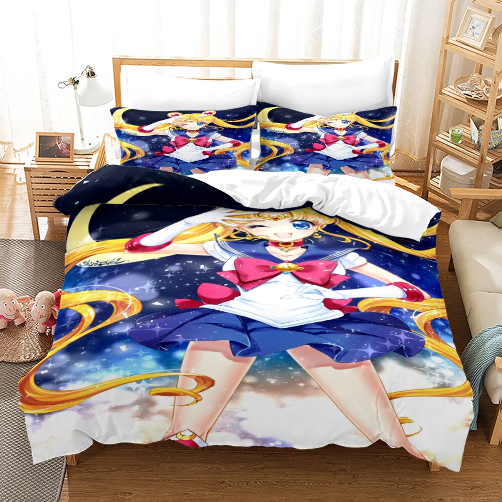 Sailor Girl Moon S4756 Anime Bedding Set Cartoon Duvet Cover Pillowcase Three Piece Suit Bedroom Household