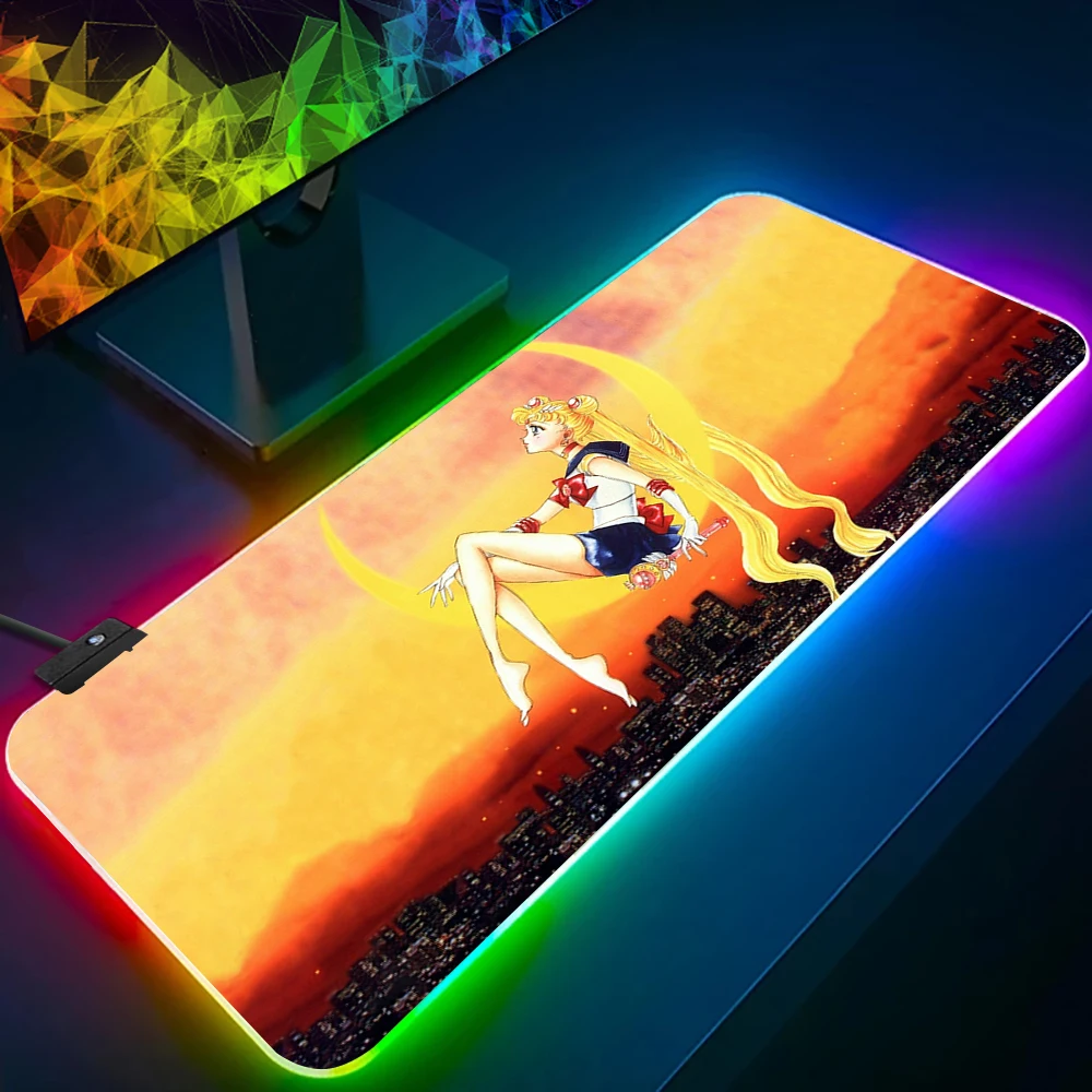 Sailor Moon RGB Pc Gamer Keyboard Mouse Pad Mousepad LED Glowing Mouse Mats Rubber Gaming Computer 14 - Sailor Moon Merch