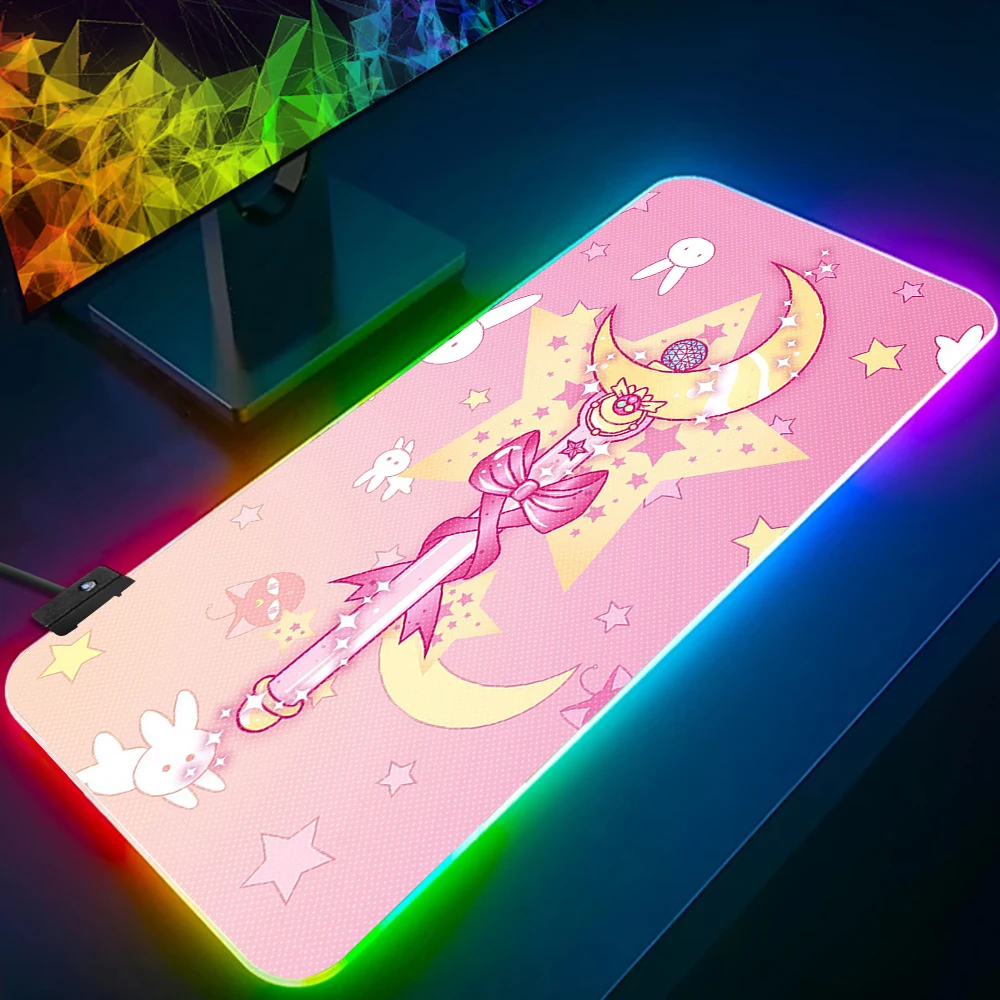 Sailor Moon RGB Pc Gamer Keyboard Mouse Pad Mousepad LED Glowing Mouse Mats Rubber Gaming Computer 3 - Sailor Moon Merch