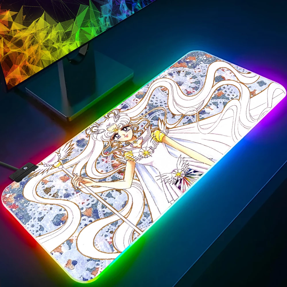 Sailor Moon RGB Pc Gamer Keyboard Mouse Pad Mousepad LED Glowing Mouse Mats Rubber Gaming Computer 7 - Sailor Moon Merch